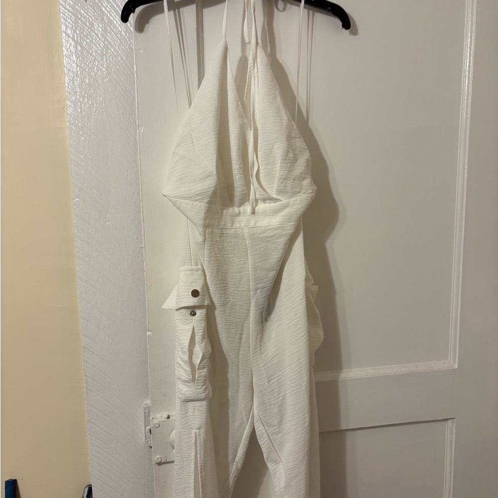 Elegant White Halter  Backless Jumpsuit with Pockets